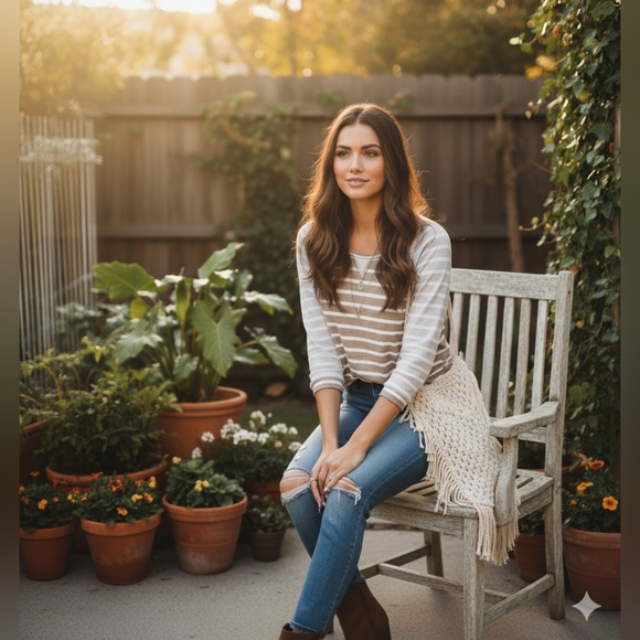 🌿Bobeau Womens Medium Beige White Striped 3/4 Sleeve Distressed Sweater-Cute! - Picture 7 of 9
